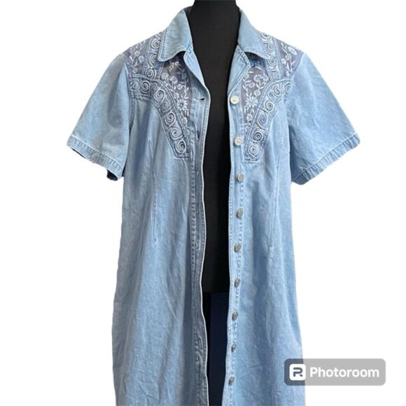 Plus Size Denim Dress Coastal Cowgirl Country Embroidered Blue Jean Button Sz 3X - Picture 3 of 15